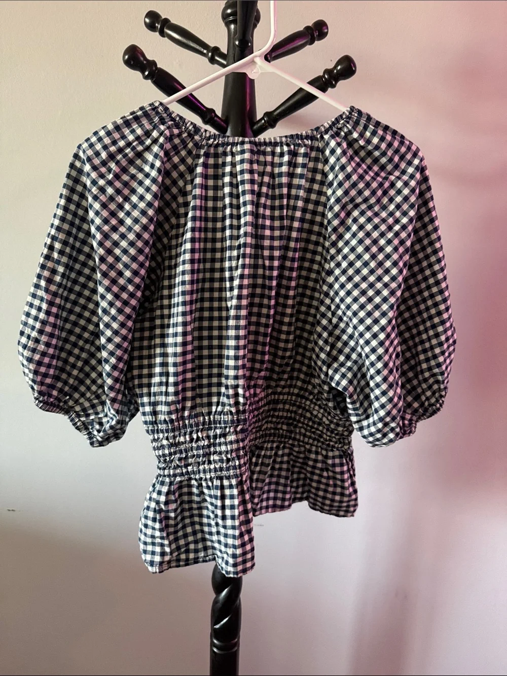 Old Navy Navy and White Gingham Puff-Sleeve Peplum Top 20.T